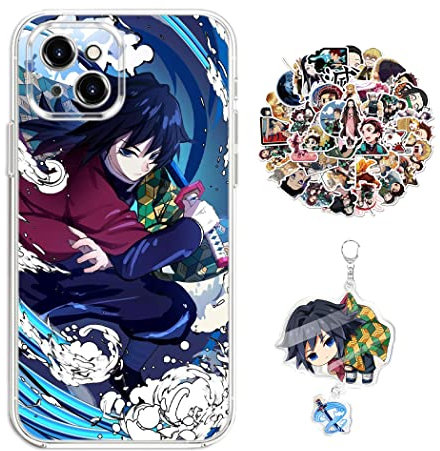 Compatible with iPhone 13 Case Demon -Slayer Giyuu Anime Design [With Keychain and 50pcs Stickers] Cartoon Transparent Soft Silicona Case for iPhone 13
