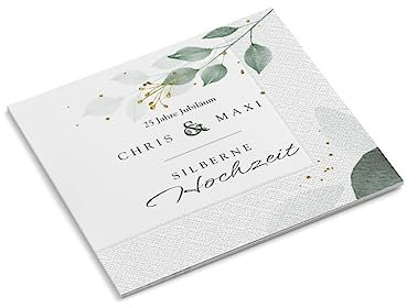 Servietten personalisiert mit Wunschtext | Silberne Hochzeit | Blätter grün | 330 x 330 mm | Feier | Jubiläum | Tischdeko | Papierservietten | Menge wählbar (60 Stück)