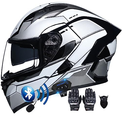 BT Klapphelm mit Bluetooth Motorradhelm Helm mit integriertem Bluetooth Integralhelm Anti-Fog-Doppelspiegel Vollvisierhelm ECE Genehmigt sturzhelm für Damen Herren S~XXL