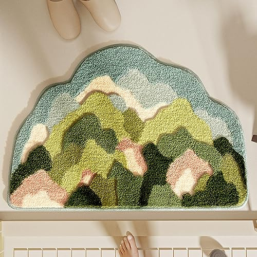 Boho Plant Bath Mat Abstract Art Green Grass Moss Half Circle Bath Rugs for Bathroom Door Mat 17.7x27.5 Inches