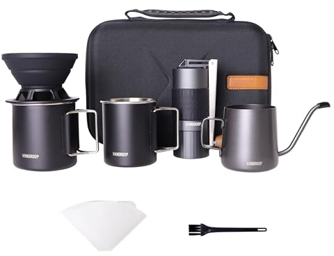 Vandroop Pour Over Coffee Maker Set, Manual Coffee Grinder, Collapsible Silicone Dripper, Two Travel Mugs, Mini Gooseneck Kettle, Black, 2 Cups