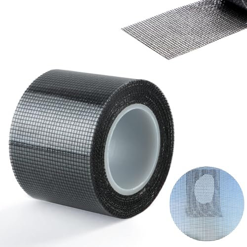 Eowppue Window & Door Screen Repair Tape - Durable Black Fiberglass Mesh | Strong Adhesive | Waterproof Seal for Tears & Holes | Protect Against Mosquitoes & Insects (1.96 * 196.85in/5 * 500cm)