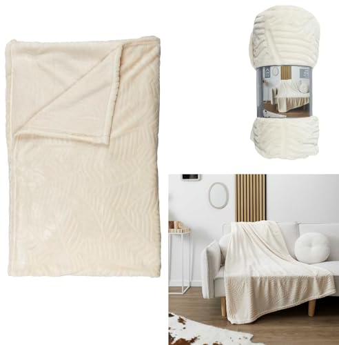 HOME DECO FACTORY KUSCHELDECKE CREME BEIGE XXL - HOCHWERTIGE FLEECEDECKE MIT PRÄGEMUSTER - TAGESDECKE WOHNDECKE FLAUSCHIG ALS BETTÜBERWURF - PLAID BLANKET FÜR SOFA COUCH (200X150 CM)