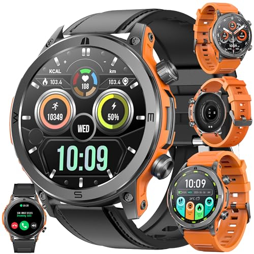 Montre connectée Homme, avec Appels Bluetooth et SMS, 1,43 AMOLED Smartwatch avec 123 Modes Sportifs 5ATM Étanche, Tracker d'activité, SpO2, Sommeil, Fréquence Cardiaque, pour iOS Android (Orange)
