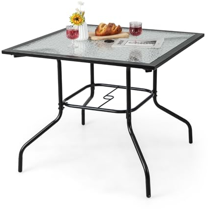 GOPLUS - Mesa de jardín al aire libre, mesa redonda, bandeja de cristal templado y agujero de sombrilla, ideal para terraza, balcón, bistro, patio, 89 x 89 x 72 cm, carga 75 kg