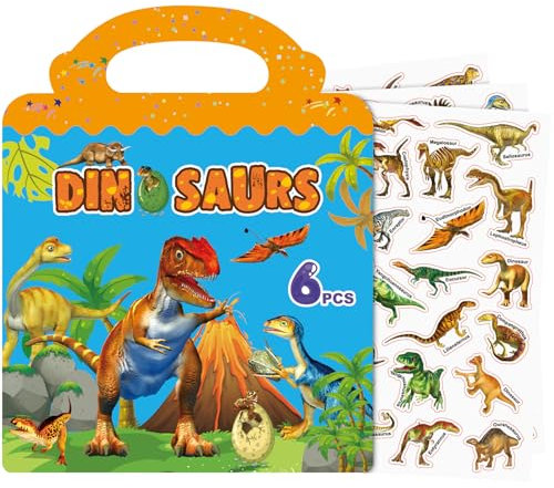 Wiederverwendbare Stickerbuch, Sticker Book für Kinder, 6 Blätter Dinosaurier Stickerbücher für 3 4 5 6 Jahre Jungen Mädchen Kleinkinder, 3D Klare Sticker für Lernspielzeug Geschenke