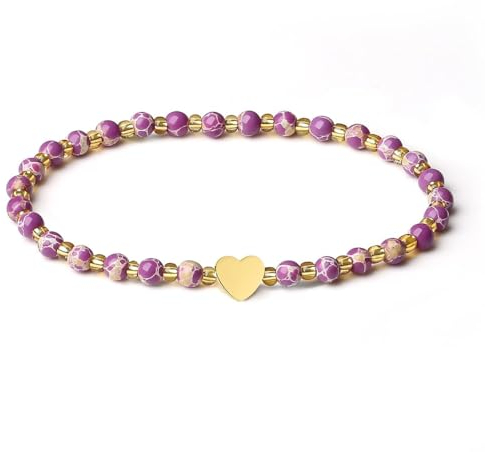 MetJakt Handgemachter Naturstein Perlenarmband 4MM Mini Stretch Armband Energiearmbänder 18k vergoldet Herz Armbänder für Damen Damenschmuck Echtes (Lila Meeresablagerungs-Jaspis)