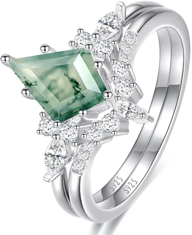Yaresul Natürlicher Moosachat Ring Silber Ringe 925 Frauen Set Verlobungsring Damen Raute Schneiden Moosachat Ringe Schmuck Geschenke für Frauen Größe 54.4(17.3)
