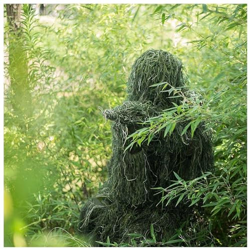 5 in 1 Traje Ghillie para Hombre Ropa De Caza De Camuflaje 3D Disfraz De Arbusto Incluyendo Chaqueta,Pantalones,Capucha,Bolsa De Transporte para Adultos/Jóvenes Unisex,Forestgreen-Adults