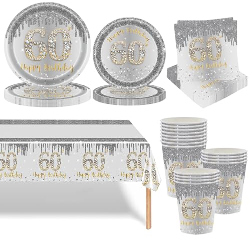 69 P Silver and Gold 60th Birthday Tableware Set Decor,Paper Cups Napkins Plates(7in+9in) and Table Cloth in Silver,Disposable Paper Dinnerware Decorations for Her Him 60th Birthday Gift Party
