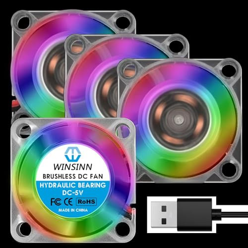 WINSINN Ventilador RGB USB de 25 mm, 5 V, LED colorido, impresora 3D, micro ventilador de 5 V, rodamiento hidráulico 2510, enfriamiento sin escobillas, 25 mm x 10 mm, 2 pines (juego de 4 unidades)