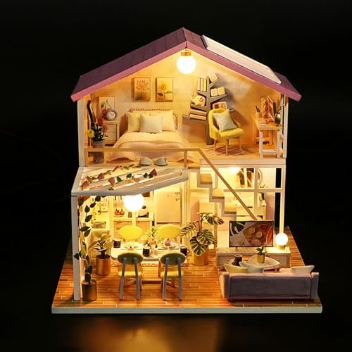 WYFCR Casa,de Muñecas en Miniatura Invernadero con Luz DIY Miniature House Maquetas para Montar, Manualidades de Madera Regalos de Mujeres, House con Muebles,Niñas
