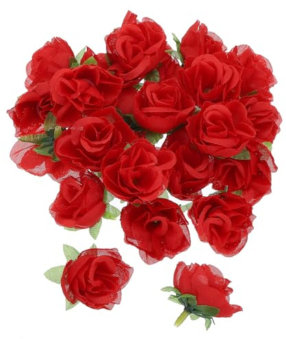 PATIKIL 50 Stück Mini Rosen künstliche Blumen Großhandel 1,2 Zoll Rot | kleine künstliche Blumenköpfe, Seidenstoff, Für Hochzeitsbasteln, Heimdekoration Party