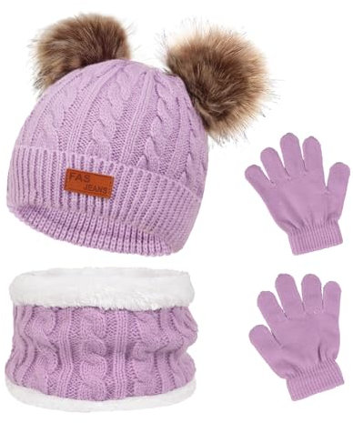 Waylipun 3 in 1 Kinder Wintermütze Schal Handschuhe Set, Strickmütze Babymütze Kinder Mütze Set, Warme Winter Beanie Hut Handschuhe Schal Set für Kinder Jungen Mädchen, 1-5 Jahre (Lila)