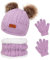 Waylipun 3 in 1 Kinder Wintermütze Schal Handschuhe Set, Strickmütze Babymütze Kinder Mütze Set, Warme Winter Beanie Hut Handschuhe Schal Set für Kinder Jungen Mädchen, 1-5 Jahre ​(Lila)