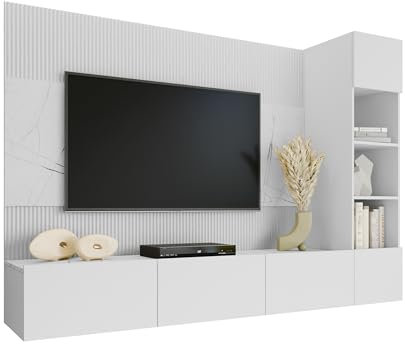Mirjan24 Meuble de salon Deromi avec panneaux muraux et meuble TV bas, blanc + marbre blanc, 1 étagère suspendue