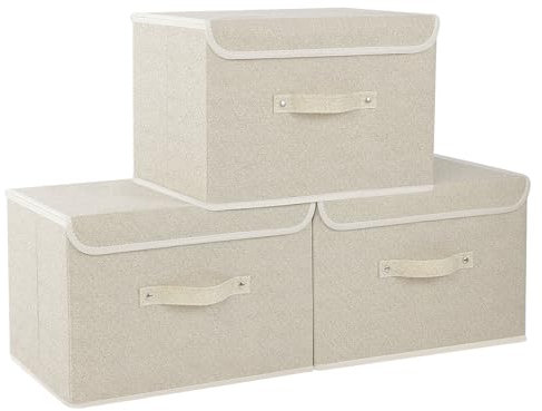 ENUMAIL 3 Stück Aufbewahrungsbox mit Deckel Groß, Kisten Aufbewahrung, Faltbarer Ordnungsboxen, Boxen aus Vliesstoff mit Griff, für Würfelregal, Kleideraufbewahrung, 38×25×25 cm, Grau und Beige