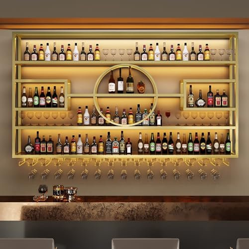 Weinregal Zur Wandmontage Mit Glashaltern,Metall Flaschenregal Weinregale,Weinflaschenhalter,Wand Flaschenhalter Ideal Als Barregal Und Getränkehalter,Stilvolles Design Für Weinkeller Und Küche(Gold,7
