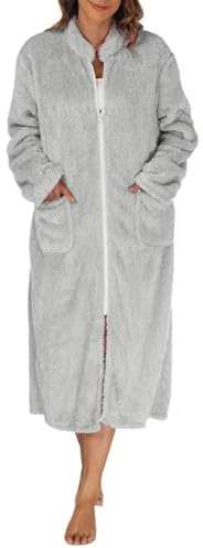 Mrat Ladies Fleece Dressing Gown Nightwear Fluffy Housecoat Super Soft Bathrobe Zip Up Long Sleeve Warm Robe Womens Cosy Calf Length Robe Towelling Dressing Gown Comfy Loungewear Nightwear