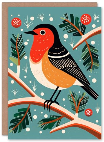 Wee Blue Coo Robin Bird Tree Bauble Modern Folk Art Fun Xmas Art Blank For All Christmas Card