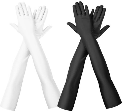 2PCS Handschuhe Lang,Lange Schwarze Handschuhe,Lange Weiße Handschuhe,1920er Style Opera Handschuhe,Ellenbogen Satin Handschuhe für Hochzeit Prom Opera Graduation Paty