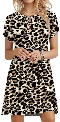 PLOKNRD Sommerkleid Damen Blütenblatt Ärmel T-Shirt Kleid Rundhals Blumenmuster Freizeitkleid Leicht und Luftig mit Taschen(Leopard,L