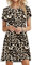 PLOKNRD Sommerkleid Damen Blütenblatt Ärmel T-Shirt Kleid Rundhals Blumenmuster Freizeitkleid Leicht und Luftig mit Taschen(Leopard,L