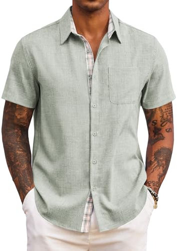COOFANDY Chemise Homme Manches Courtes Chemisette Homme Élégante Chemise à Boutons Légère pour Été Vert Clair XXL