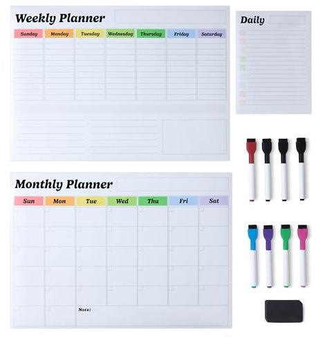 Amazon Basics Magnetic Dry Erase Calendar Whiteboard Set (3-Pack) for Fridge- Monthly, Weekly, and Daily Planner with 8 Markers and Eraser