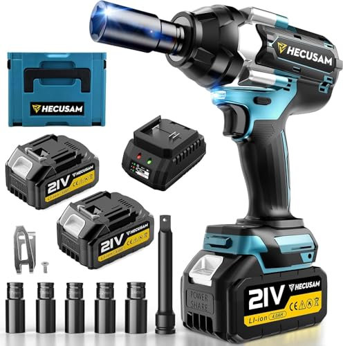 HECUSAM 1000 N.m Akku Schlagschrauber, 1/2 Bürstenloser Motor Schlagschrauber mit zwei 4000 mAh Batterie, Schnellladegerät, 5 Stecknüsse, Drehschlagschrauber und Fall für Haus und Auto