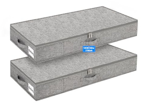 Huquter Unterbett-Aufbewahrungsbox mit Deckel, 2 Stück, Unterbettkommode mit Seiten- und Bodenunterstützung und 3 Griffen, große, 12CM faltbare Stoff-Kleideraufbewahrungstasche