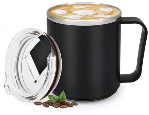 VOBAGA 15oz Stainless Steel Coffee Mug with Flat bottom and Handle, Work with Coffee Warmer for Rapid Heating Coffee, Tea and Milk Office Desk Accessories Black