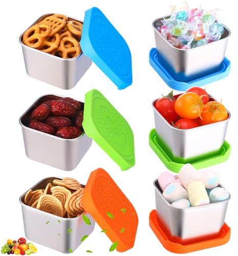saerryor 6 Pcs Snack Pots, 180ml Stainless Steel Food Storage Containers Portable Kids Snack Box with Lids Leakproof Reusable Small Bento Box for School Work Travel