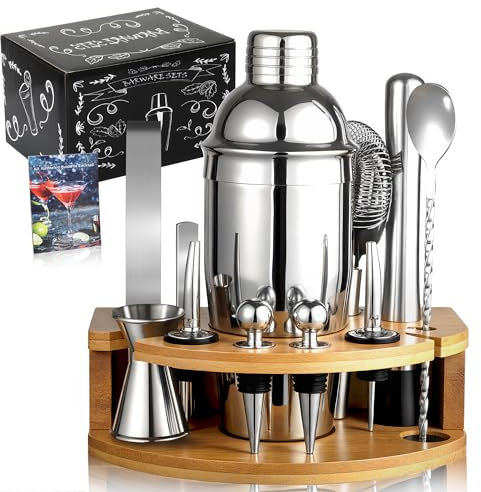 Leseed Shaker Cocktail Kit, 12 Pièces Kit Cocktail Shaker avec 750ML Shaker INOX, Doseur Cocktail, Support en Bois et Livre de Recettes, Cadeau pour Homme et Femme (Bar à Domicile, Fête, Mariage)