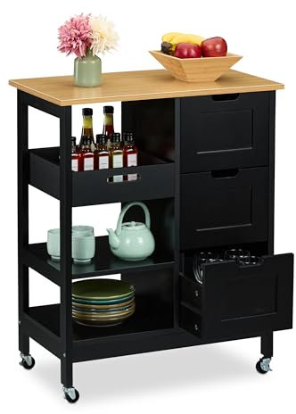 Relaxdays Küchenwagen, Arbeitsplatte, 3 Schubladen, 3 Fächer, HBT 85x68,5x38,5 cm, Kücheninsel auf Rollen, schwarz/natur