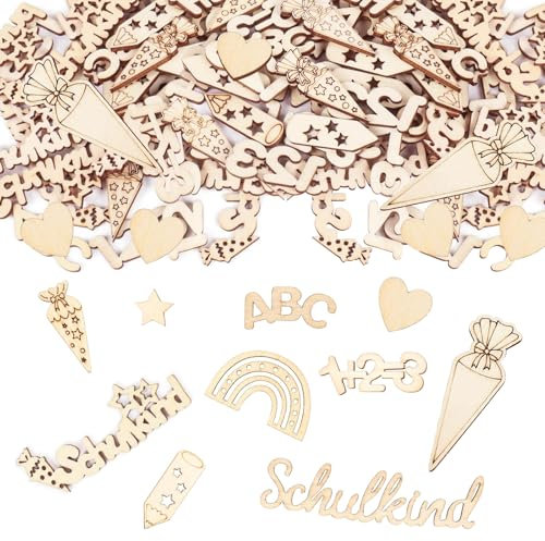 60 Stück Schulkind Konfetti holz, Schulanfang Deko holz, Einschulung Deko Holz Junge Mädchen, Streudeko Einschulung Tischdeko, ABC 123 Zuckertüte für Tischdekoration für Schuleinführung