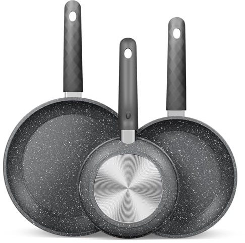 HOMELUX Pfannenset Pfanne 3TLG Bratpfanne Ø20/24/28cm Pfannen,beschichtete Pfanne Induktion mit Marmorbeschichtung,Pan für alle Herdarten,Grau