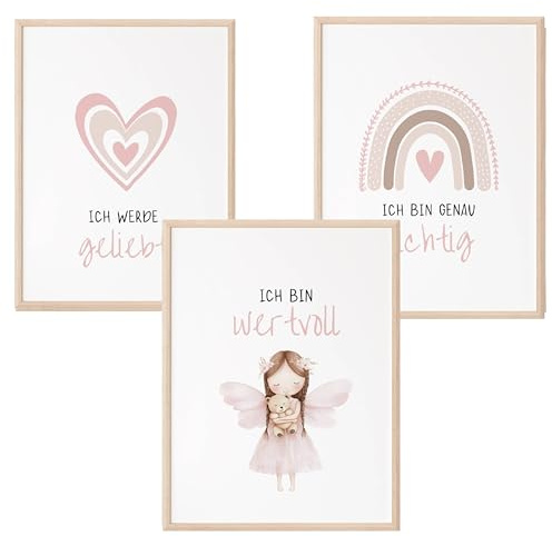 Mutzauber® Poster Affirmationsposter A4 Kinderzimmer Jungen Mädchen Bilder Kinderzimmer Motivation Fee Märchen Zahnfee Elfe Kinder Kindergarten Wandposter Herz Regenbogen (Fee rosa)