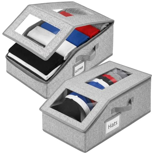 Stackable Hat Storage for Baseball Caps, 2 Pack Hat Organizer for Baseball Caps, Baseball Cap Storage, Hat Organiser with Carrying Handles, Lid & Transparent Label, Holds up to 30 Caps(Light gray)