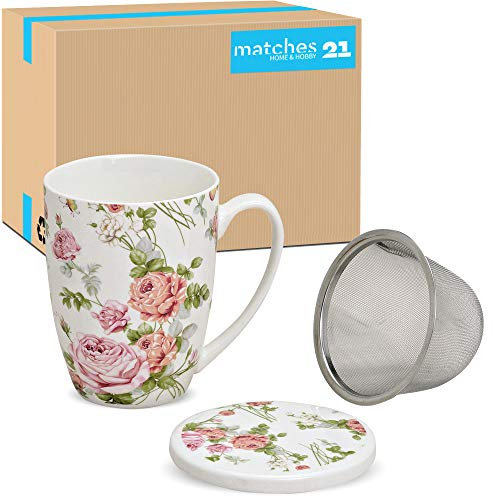Tassen 36er Set in weiß mit Blumen - Süße Porzellan Teetasse mit Deckel und Sieb - Außergewöhnliche Teetassen spülmaschinenfest und mikrowellengeeignet als Geschenk