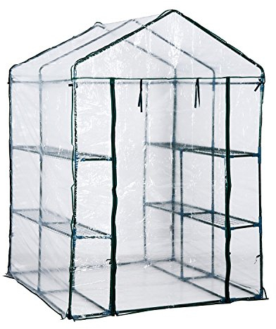 Outsunny Foliengewächshaus begehbares Gartenhäuschen Tomatengewächshaus Treibhaus Frühbeet mit 6 Regalen Transparent Stahl PVC-Kunststoff 143 x 143 x 195 cm