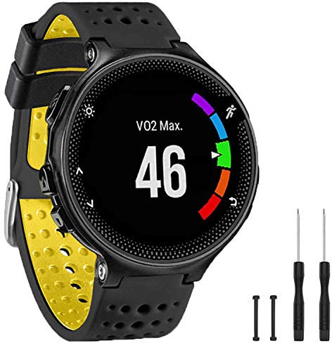 TopPerfekt Bande Compatible avec Garmin Forerunner 235, Bracelet Montre de Remplacement en Silicone Souple pour 220/230/235/620/630/735XT/235 Lite Montre Intelligente pour Femmes Hommes (Noir/Jaune)