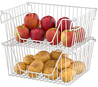 SANNO Stapelkörbe, Organizer, Körbe, stapelbares Wandregal, Obst- und Gemüse-Organisation, Speisekammer, Schrank, Metallbehälter für Küche, Theke, Badezimmer, Regale, Aufbewahrung, weiß