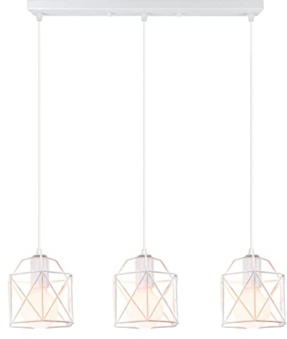 iDEGU Lampadario a Sospensione Vintage, 3 Luci Lampade a Sospensione E27 in Metallo Ø15 Gabbia Design Esagono Retrò Lampada da Soffitto per Cucina, Sala da Pranzo, Soggiorno (50cm Rod, Bianco)