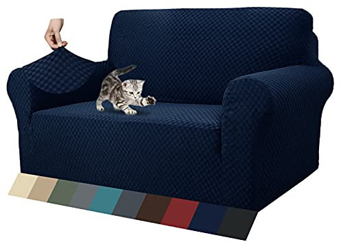 MAXIJIN Jacquard Sofabezug 2 Sitzer Couchbezug Stretch Sofahusse für Wohnzimmer Sofa-bezug für Hunde Haustiere Schonbezug Sofa mit Anti-Rutsch-Schäume (2 Sitzer, Navy Blau)
