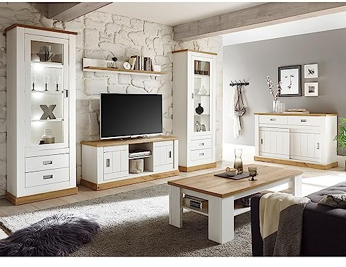 Lomadox Wohnwand mit Sideboard und Couchtisch Landhaus Design Pinie weiß, Wotan Eiche, B/H/T ca. 324/204/40-46 cm