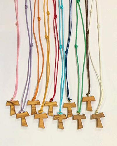 IL SOLE Tau 20 Stück Olivenholz mit farbiger Kordel, Kreuz des Heiligen Franziskus d'Assisi 2,2 cm mit den 3 Franziskanerknoten