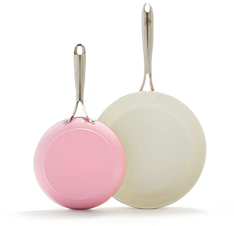 GreenLife Artisan - Juego de sartenes antiadherentes de cerámica saludable de 8 y 10 pulgadas, mango de acero inoxidable, sin PFAS, apto para lavavajillas, apto para horno, rosa suave