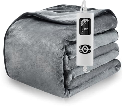 Elektrische Heizdecke,135x185cm Wärmeunterbett, Weiche Flanell-Überdecke Mit 6 Einstellbaren Temperaturstufen,1 Bis 12 Stunden Timer,Schnelles Aufheizen Und Maschinenwaschbare Elektrische Überdecke