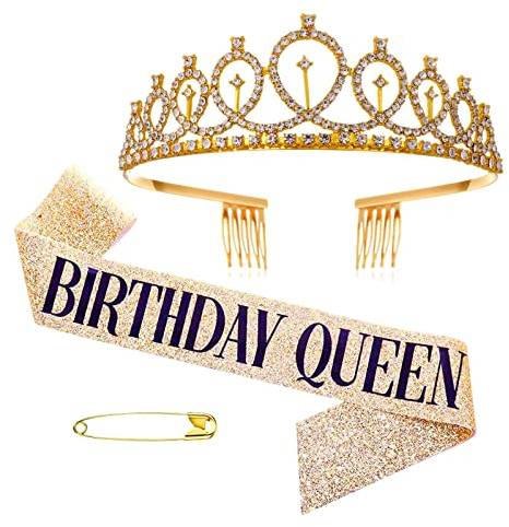Geburtstagskrone Schärpe,Gold Geburtstag Kristall Tiara Krone Schärpe mit Birthday Queen,Frauen Party Accessoires für Birthday Crown Prinzessin Haar-Zusätze
